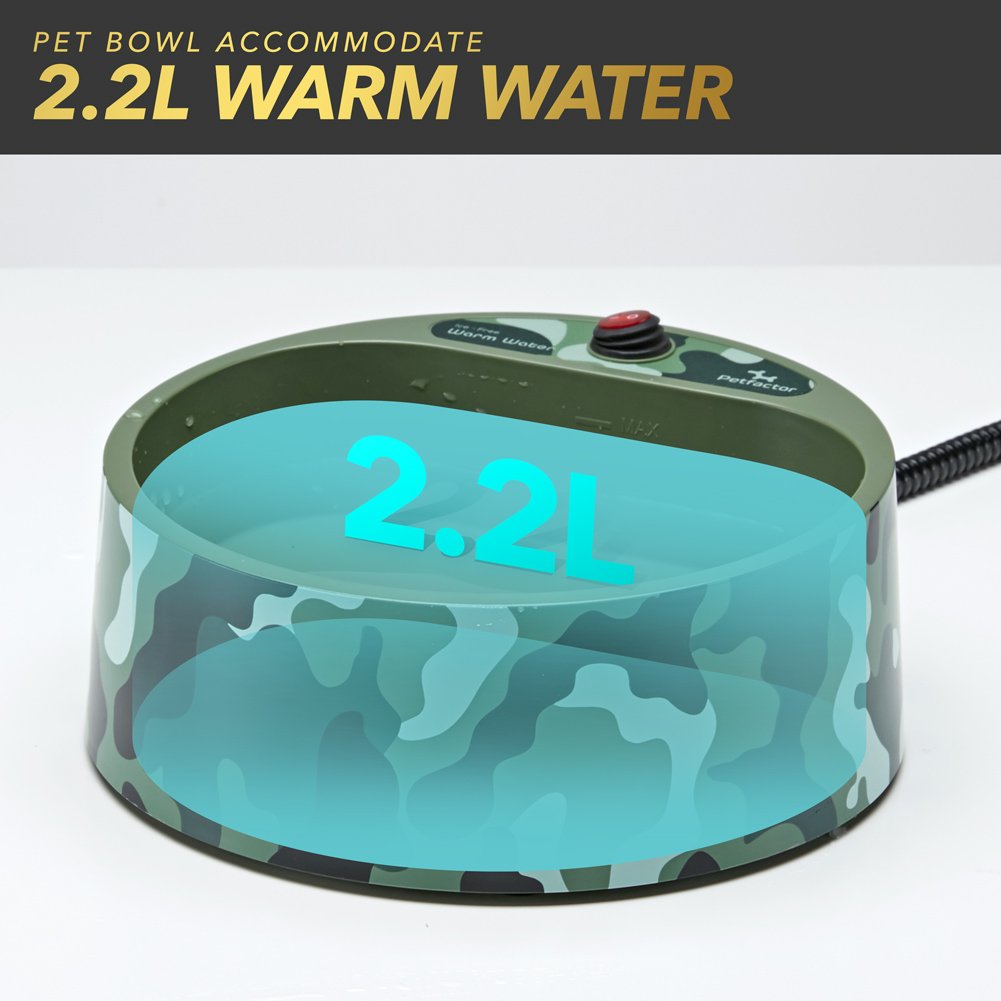 Petfactors heated-bowl thermostat-display highlights 97–109°F comfort for thirsty animals