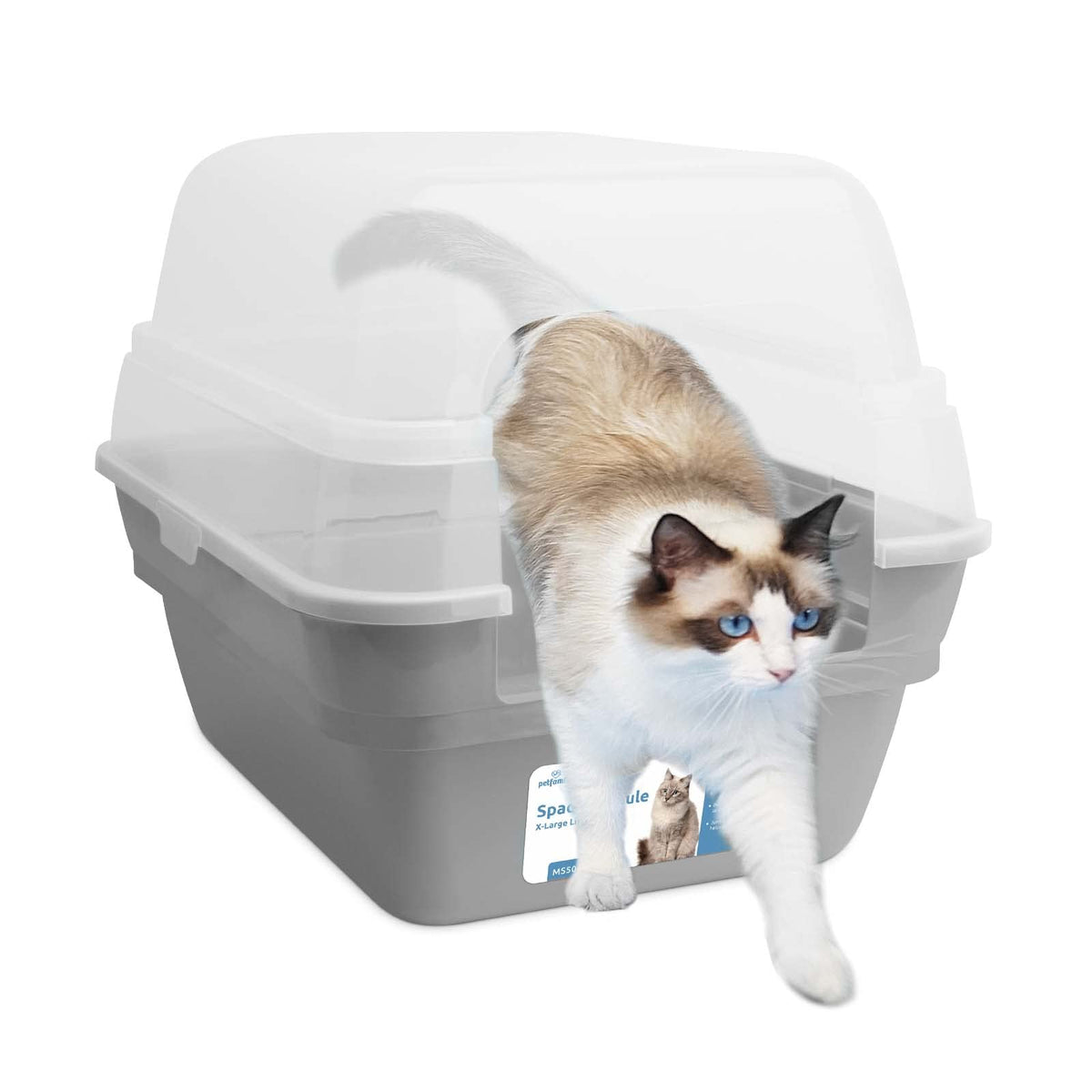 Petfamily large foldable hooded litter box with transparent lid offers spacious room for multiple cats.