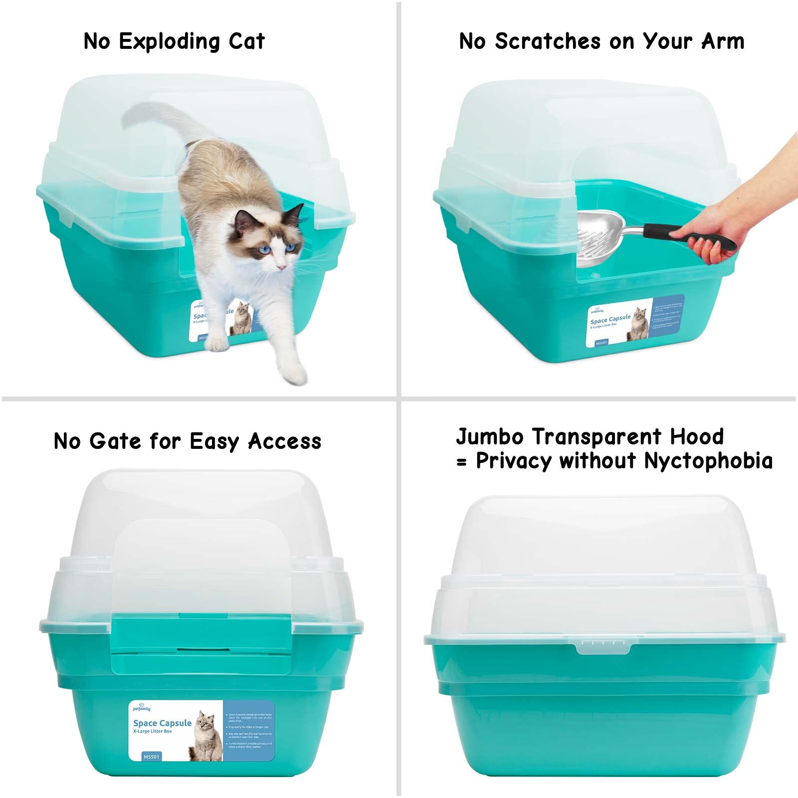 Petfamily hooded litter box transparent lid close-up highlighting spill containment