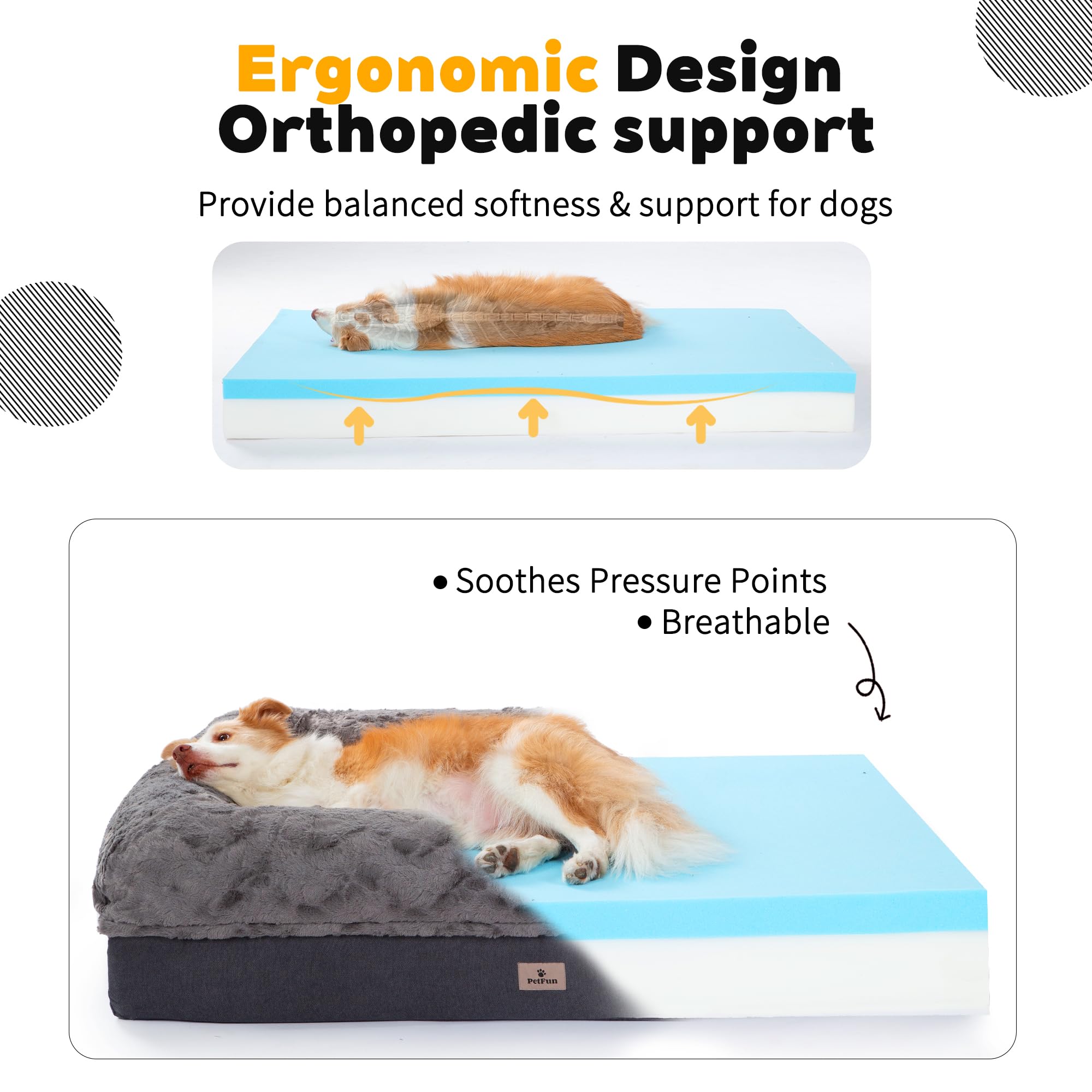 PetFun memory-foam-xl-bed side view highlights sturdy bolster for cozy pets seeking support