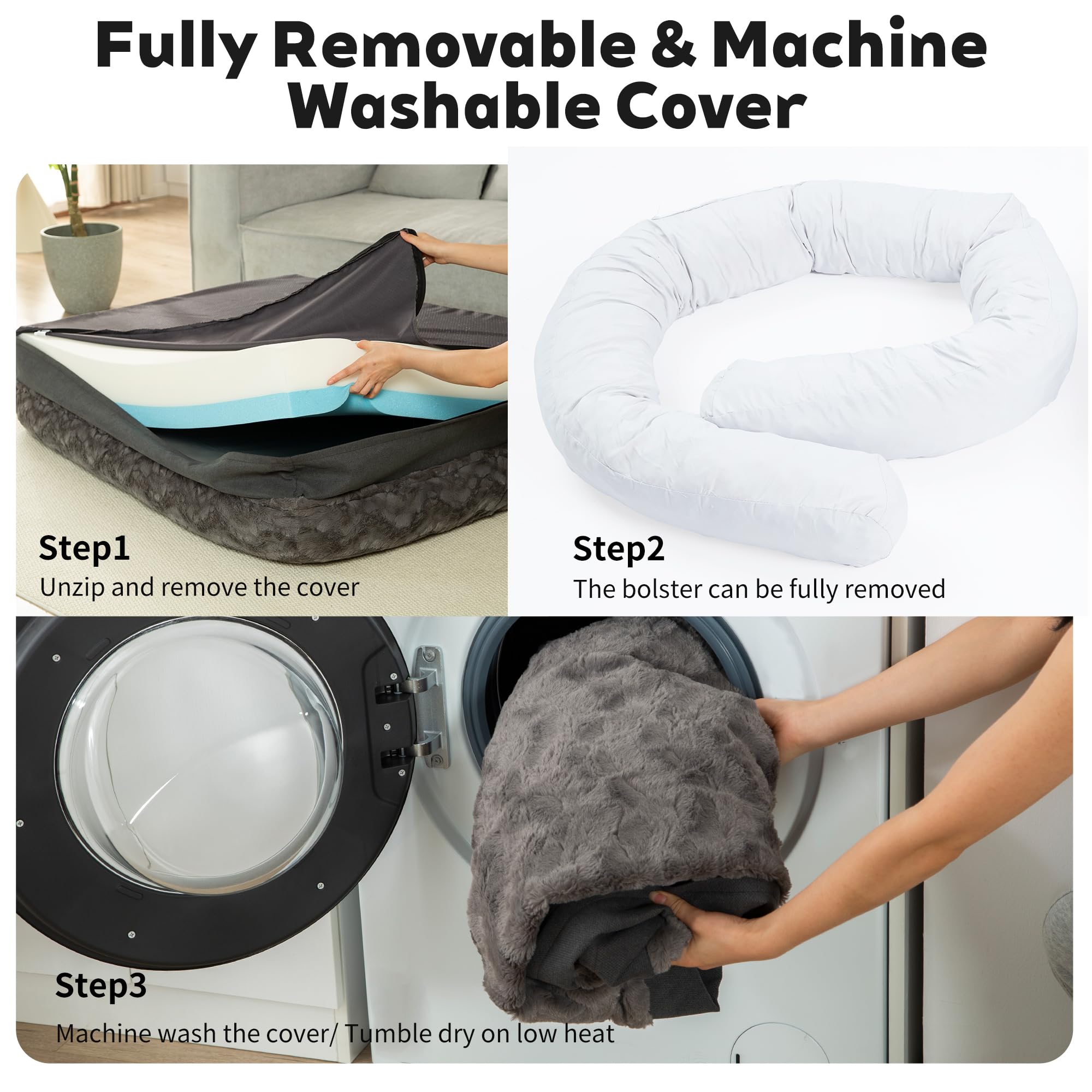 PetFun washable-cover-in-washer label stresses simple, quiet maintenance routine