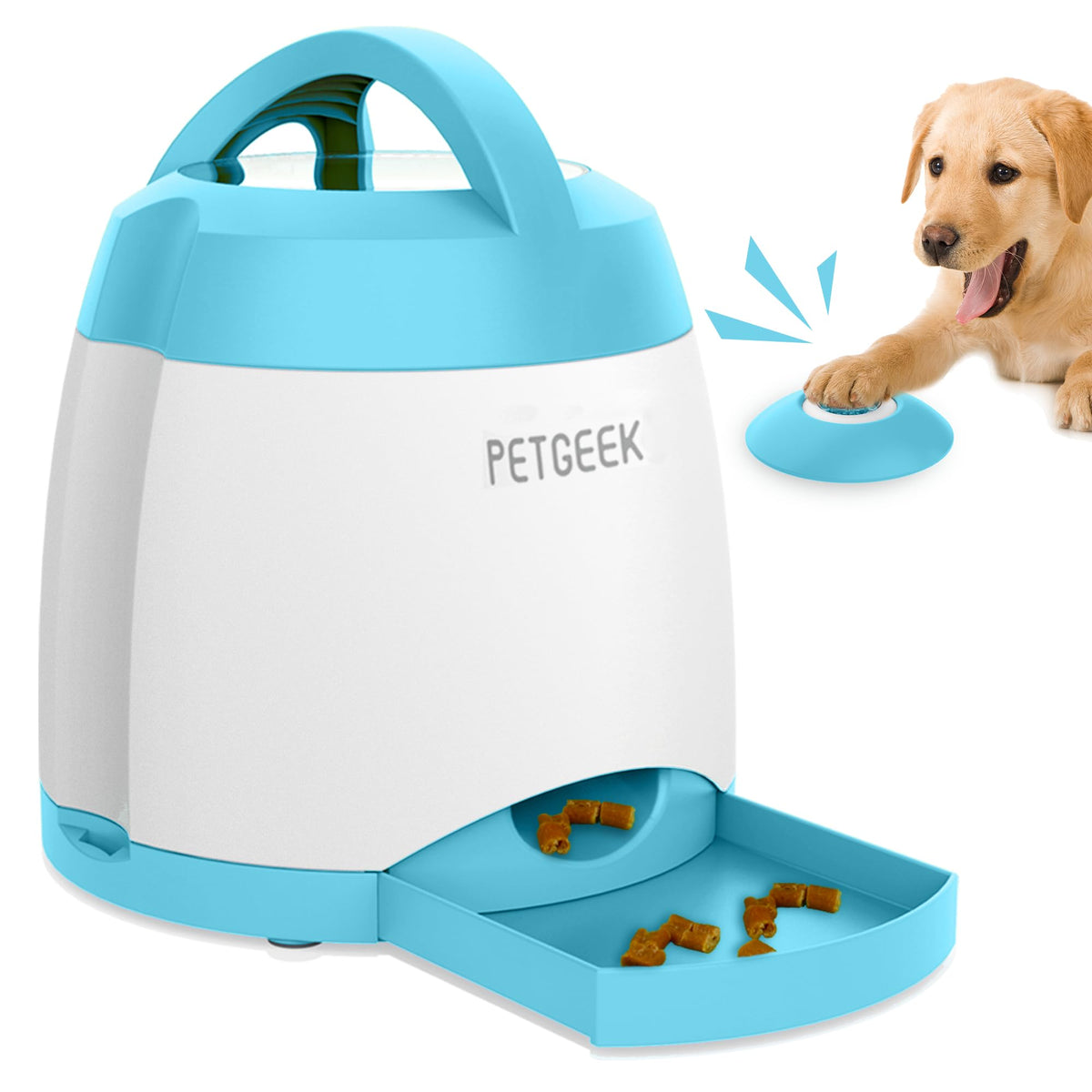 PETGEEK automatic dog treat dispenser button blue — engage training with treat-release rewards