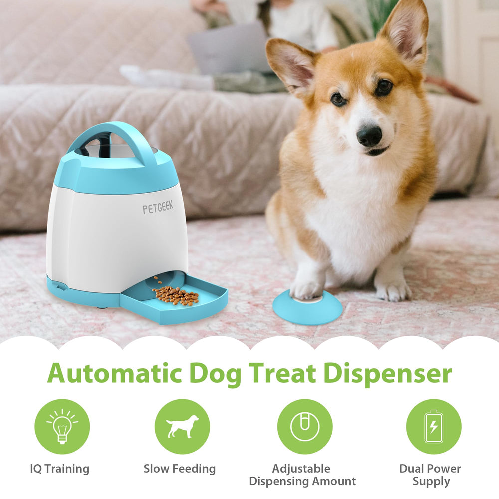 PETGEEK dog treat dispenser side angle shows durable ABS build for indoor or outdoor use