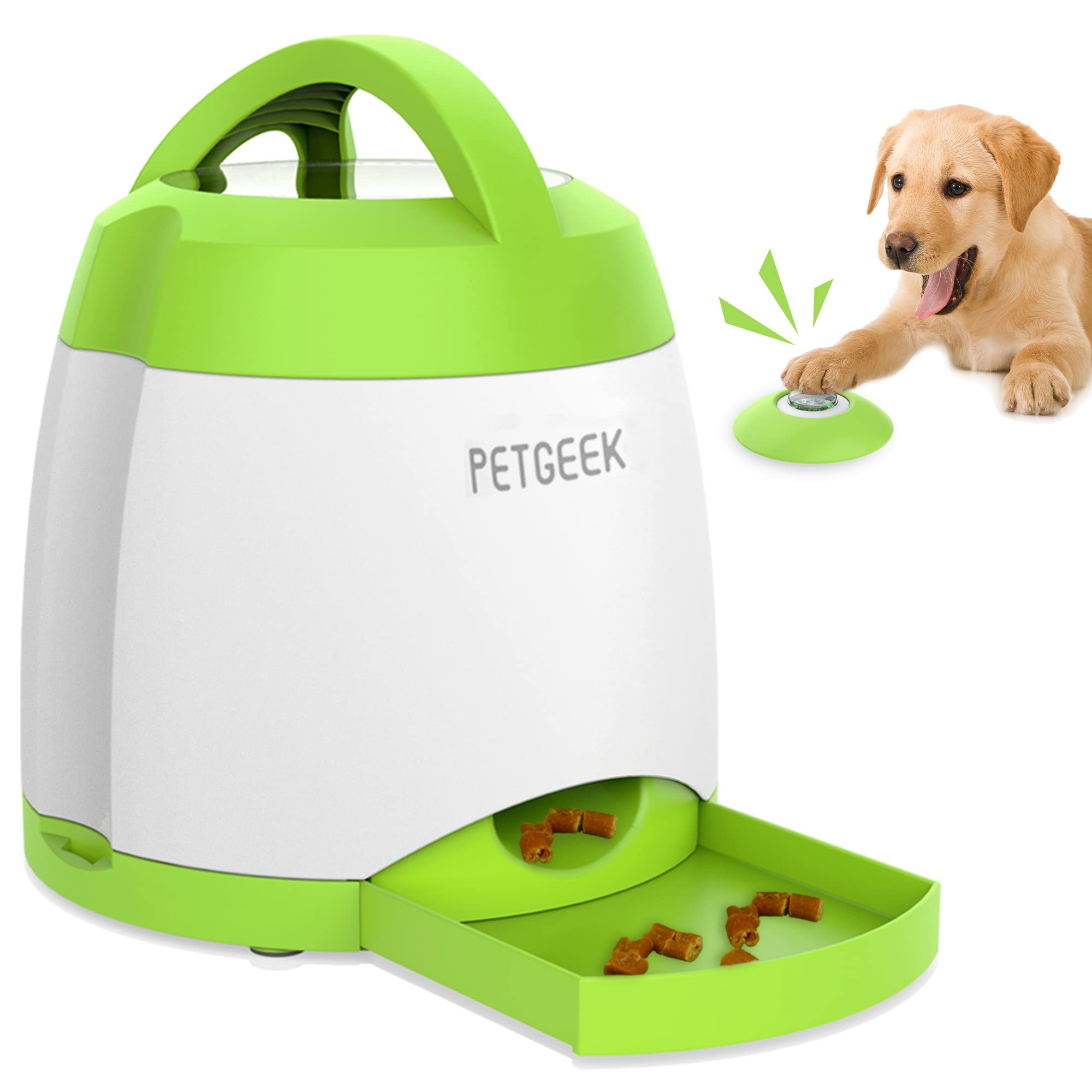 PETGEEK button press dog treat dispenser demonstrating interactive training potential
