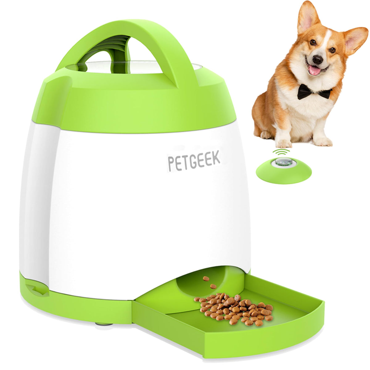 PETGEEK dog treat dispenser button release shown for interactive play.