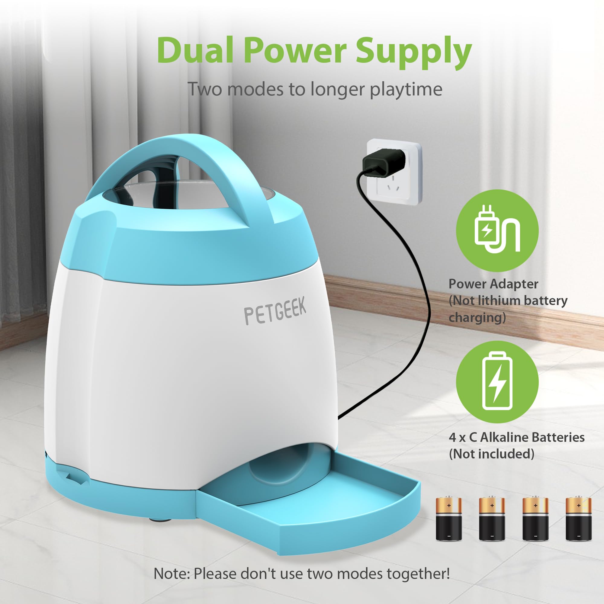 PETGEEK dual power setup offers battery or USB options for flexible use