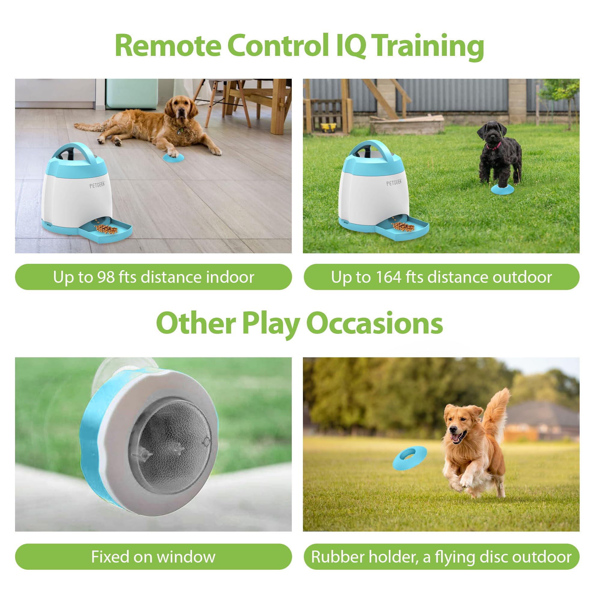 PETGEEK in use for indoor outdoor play highlights remote release and mental stimulation