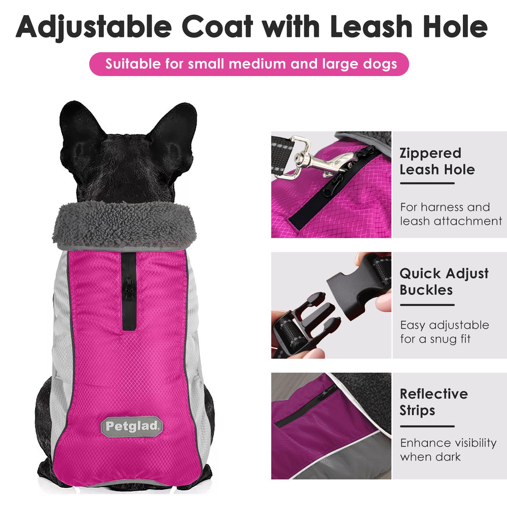 Petglad dog coat back with leash hole and easy harness integration.