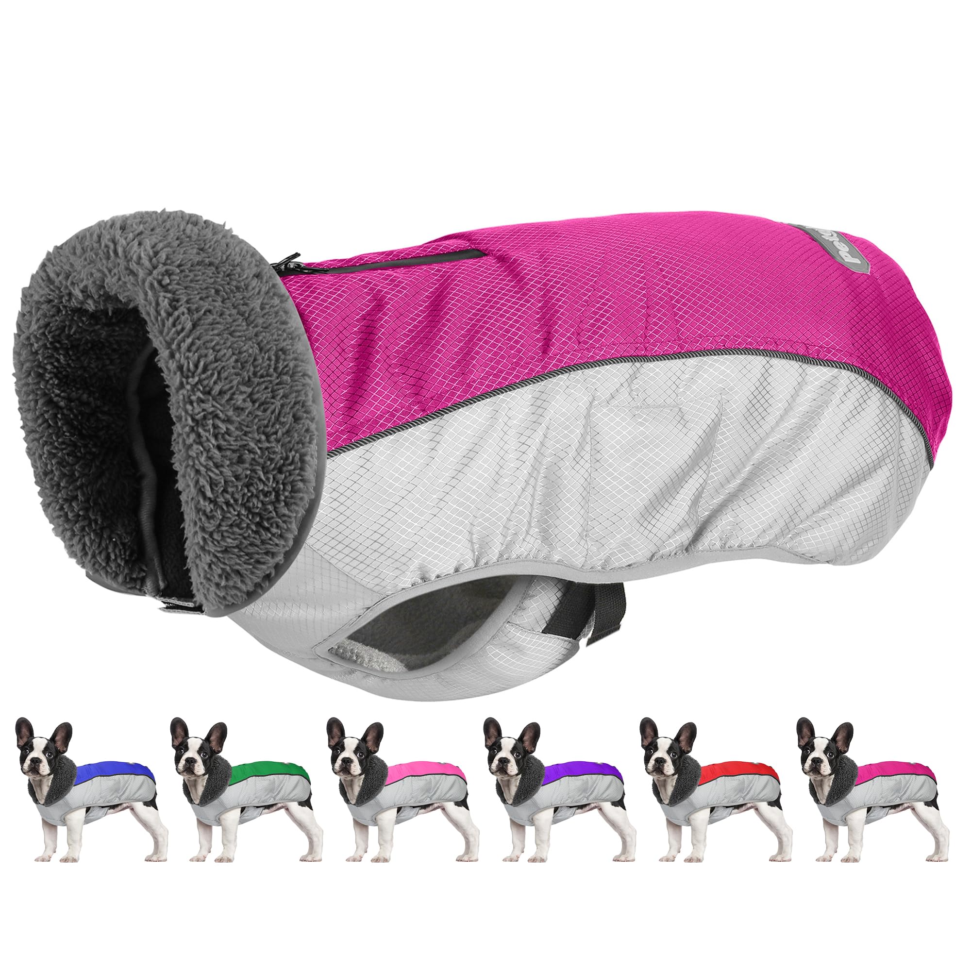 Petglad dog coat front view in rosy red; warm, wind-resistant fit for winter walks.
