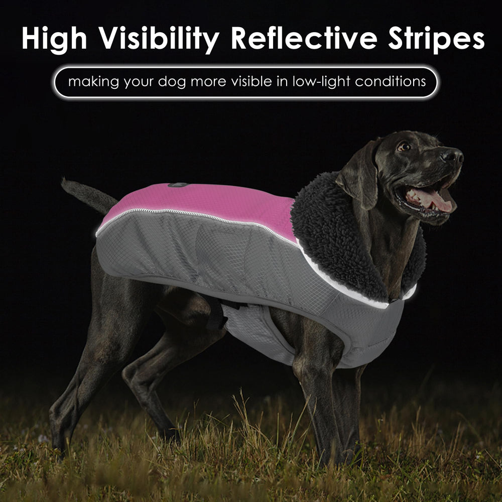 Petglad coat reflective stripes improve visibility during dusk or night walks.