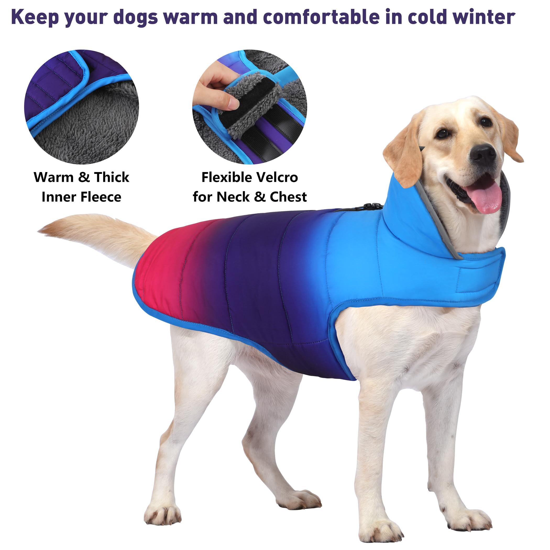 Petglad dog winter coat side view with leash hole for harness connection