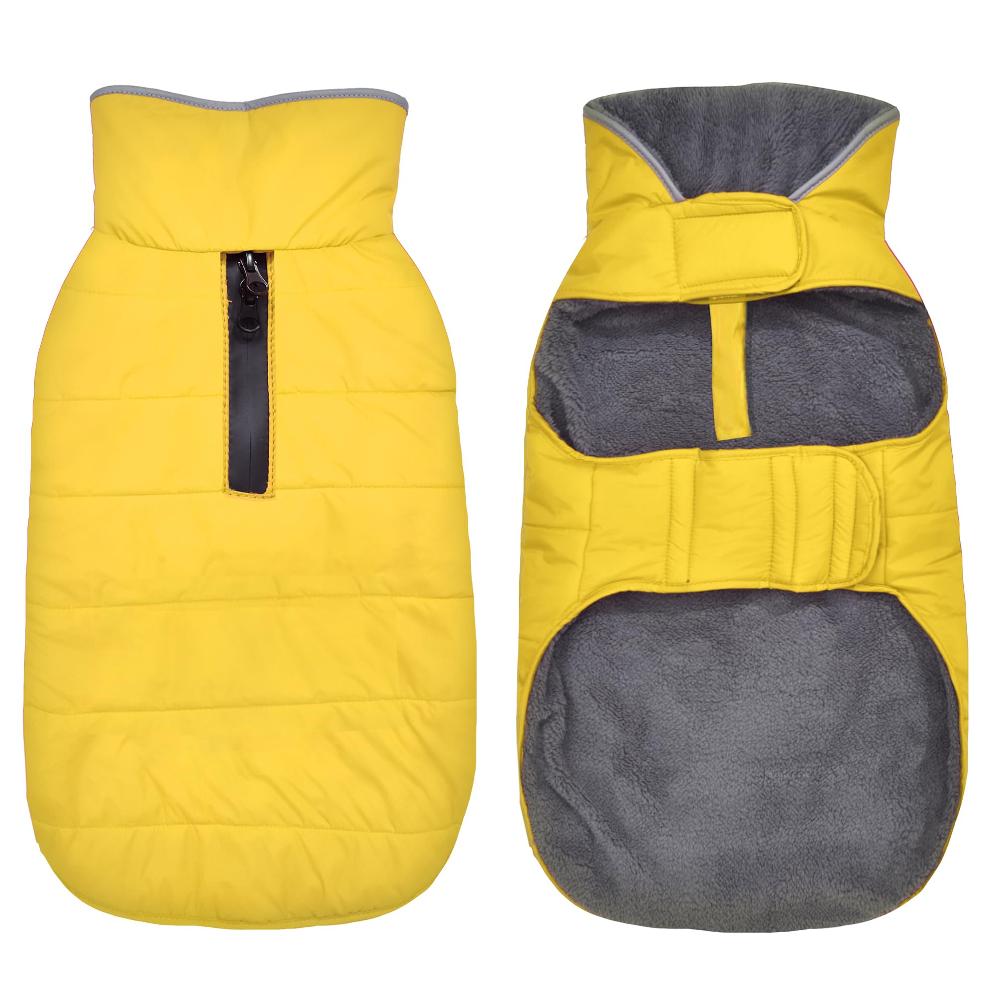 Petglad dog winter coat yellow front view shows warm fleece lining for chilly walks
