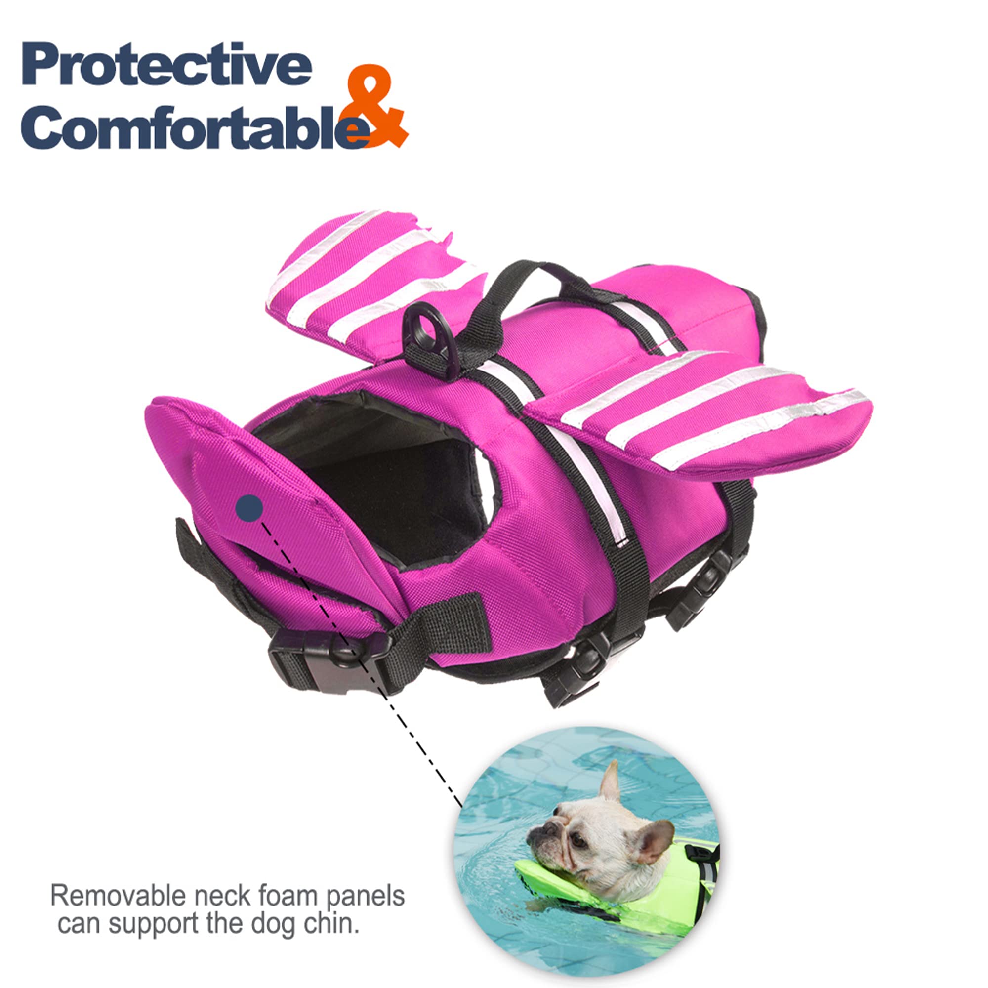 Petglad Wings jacket back view shows high buoyancy and a sturdy rescue handle for quick grabs.
