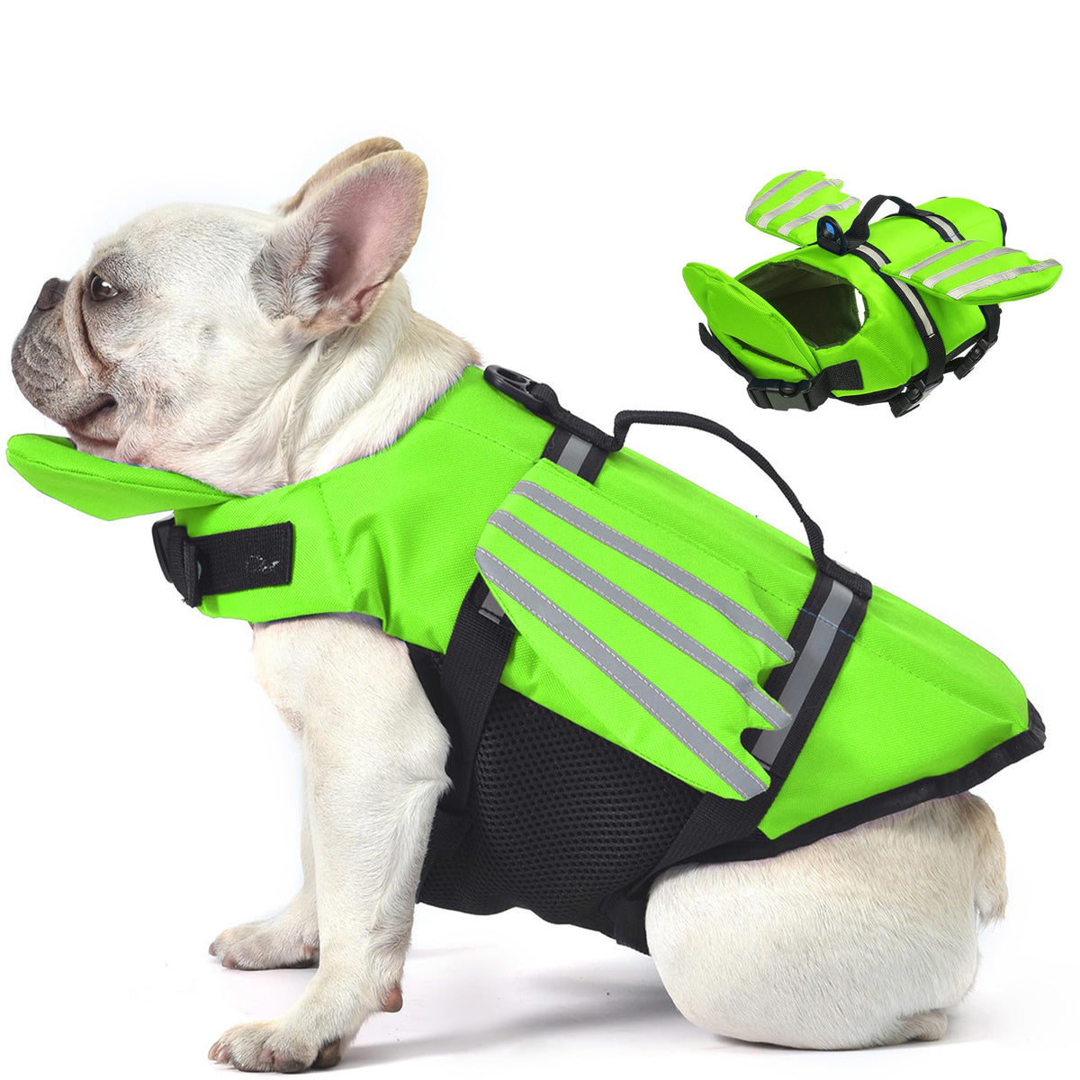 Petglad Wings dog life jacket front view, green buoyant vest for safer swims.