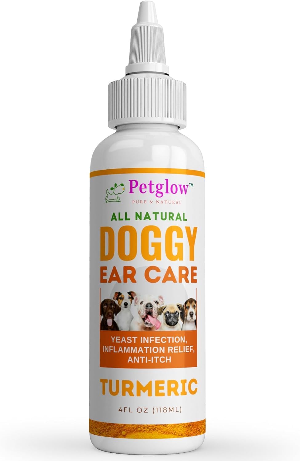 Petglow dog ear cleaner turmeric bottle demonstrates soothing herbal formula.