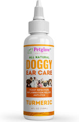 Petglow dog ear cleaner turmeric bottle demonstrates soothing herbal formula.