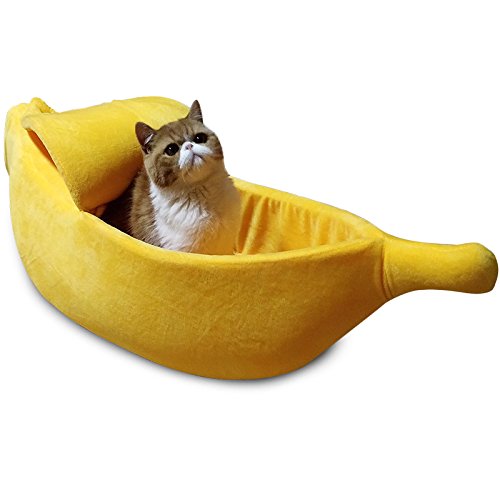 Petgrow cute banana cat bed front view in yellow offers a cozy private space for cats