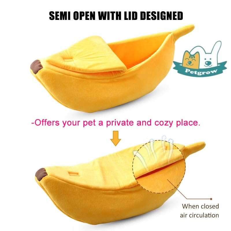 Petgrow cute banana cat bed inside soft plush lining in yellow provides warm snuggle spots for cats