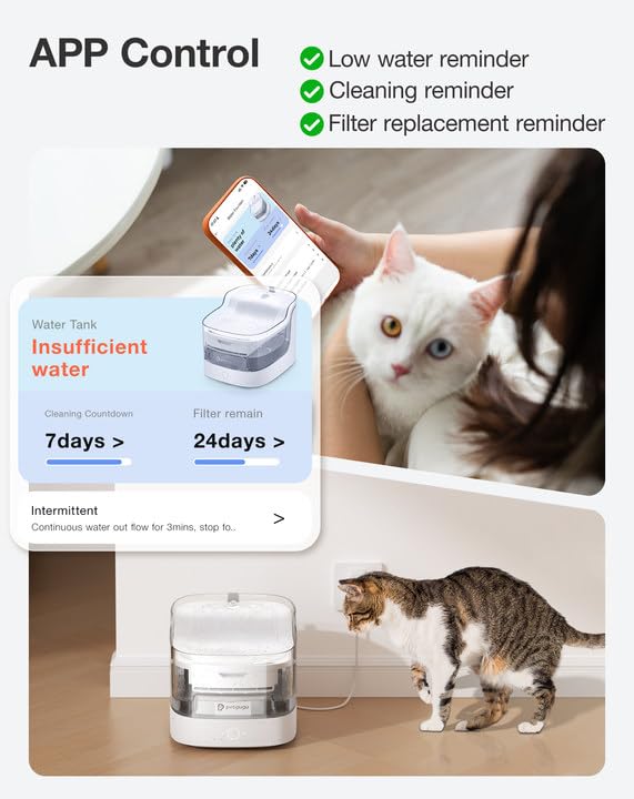 PETGUGU Cat Water Fountain 2L capacity in a multi-pet home setup.