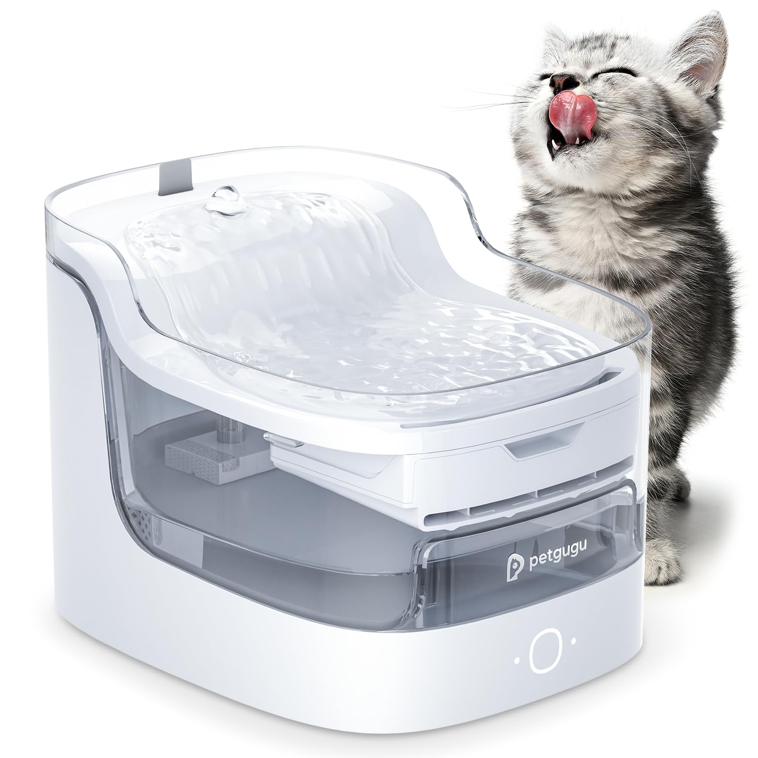 PETGUGU Cat Water Fountain top view shows 8-layer filtration for clean, refreshing water.