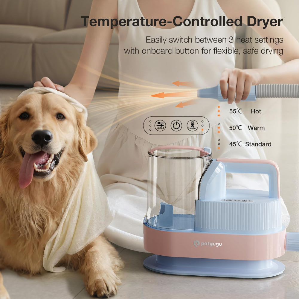 PETGUGU dog grooming kit dust-cup detail highlights high-capacity shedding pickup.