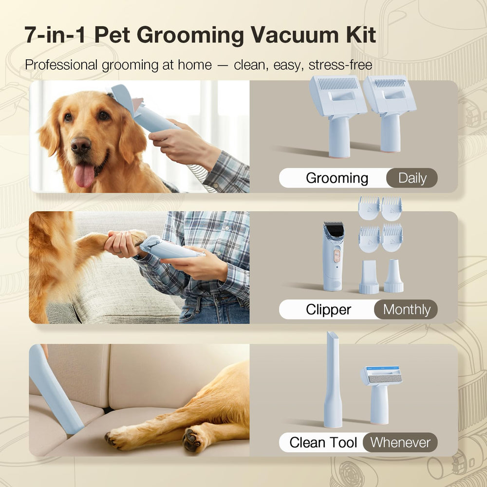 PETGUGU dog grooming kit vacuum hose-attachment close-up shows easy cleanup.