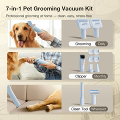PETGUGU dog grooming kit vacuum hose-attachment close-up shows easy cleanup.