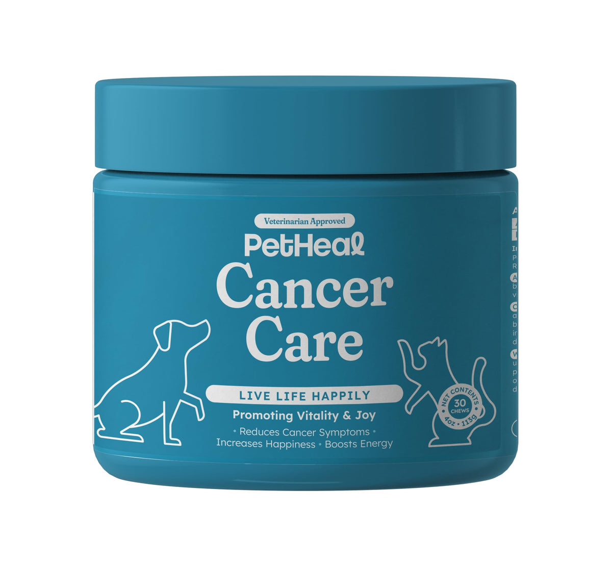 PetHeal Cancer Care Chews bottle-front showing pork flavor appealing to picky dogs