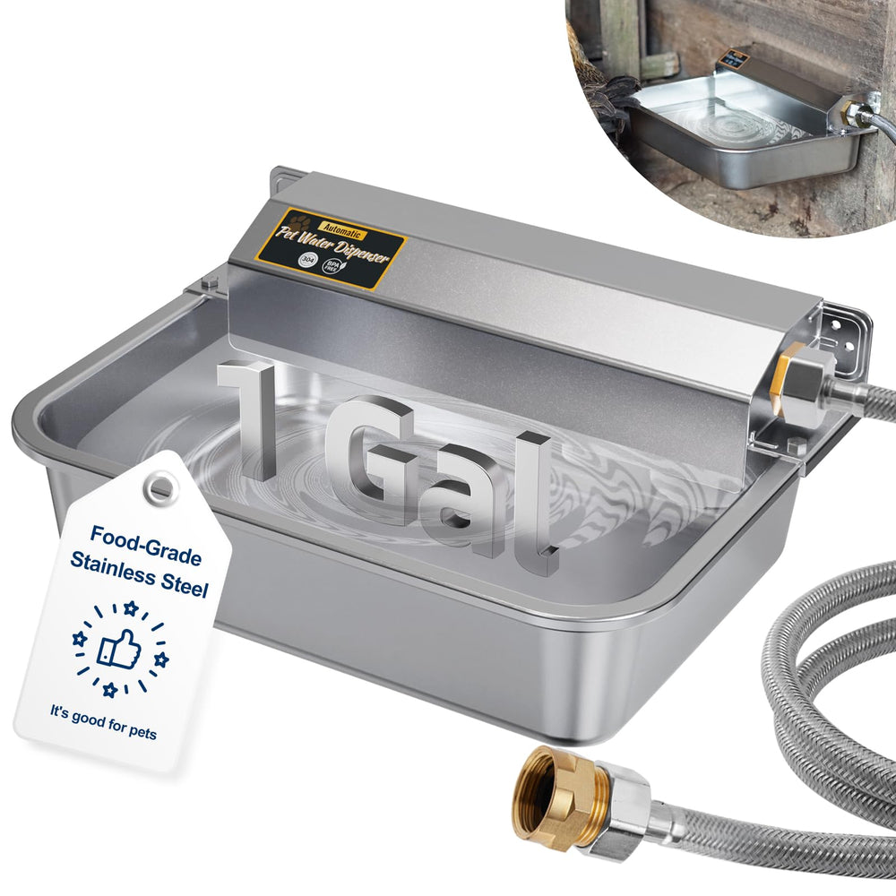 PETHIND automatic water dispenser outdoors showing 1Gal capacity for steady pet hydration