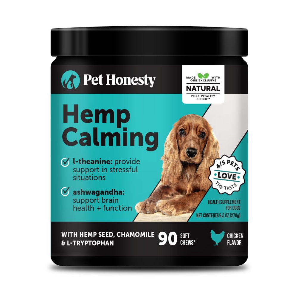 Pet Honesty hemp calming chews bottle-front highlights travel-friendly anxiety relief.
