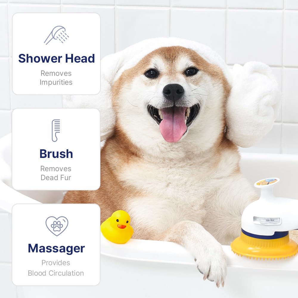 PETHROOM Deshedding Scrubbing Tool helps untangle fur and reduce shed.