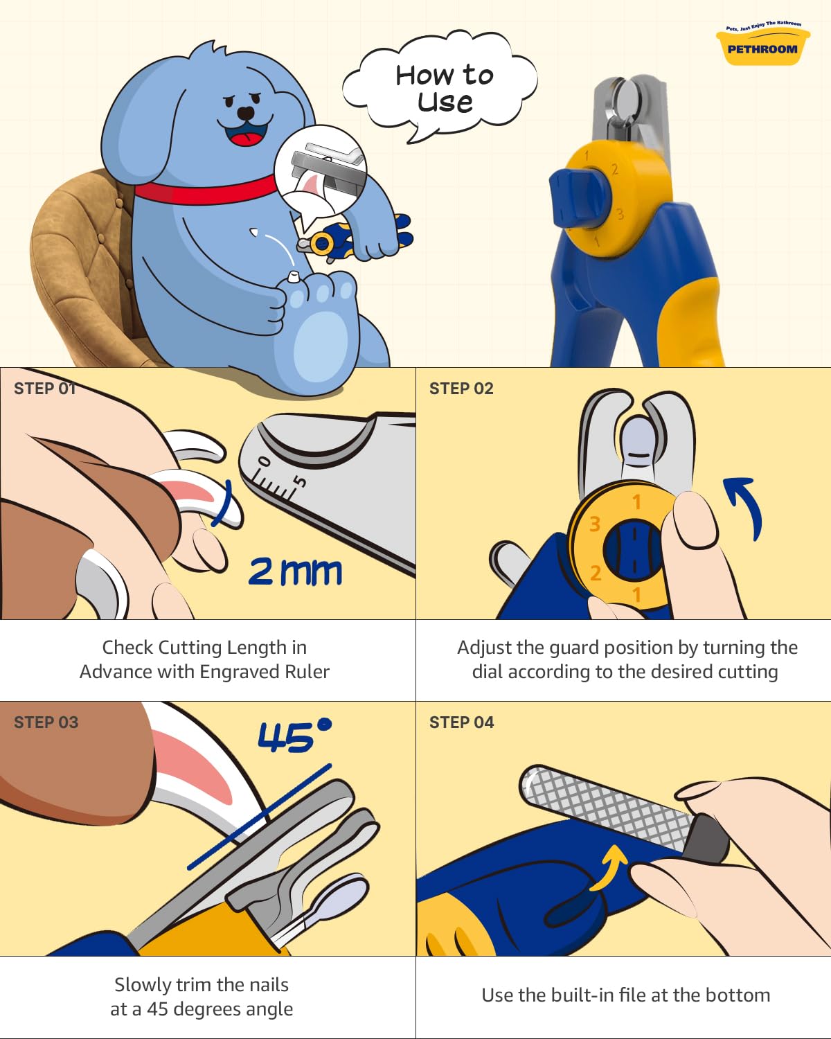 PETHROOM dog nail clipper in use on a paw for calm grooming