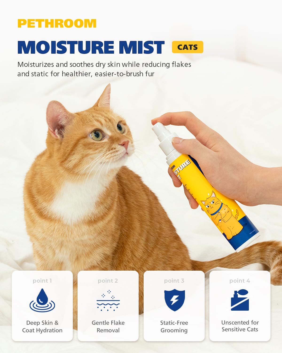 PETHROOM unscented cat moisture mist spray-dispense shows detangling setup.