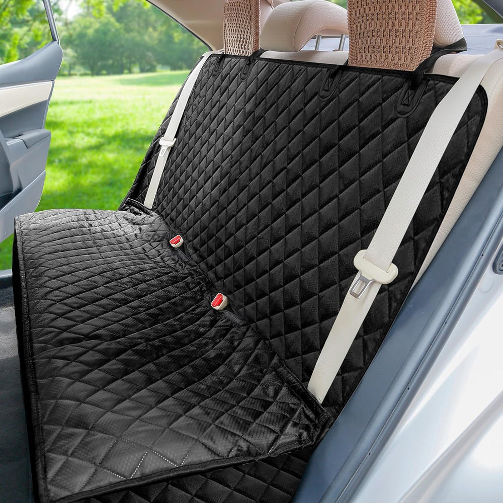 PETICON backseat protector installed in car demonstrates quick-fit installation and secure anchors.