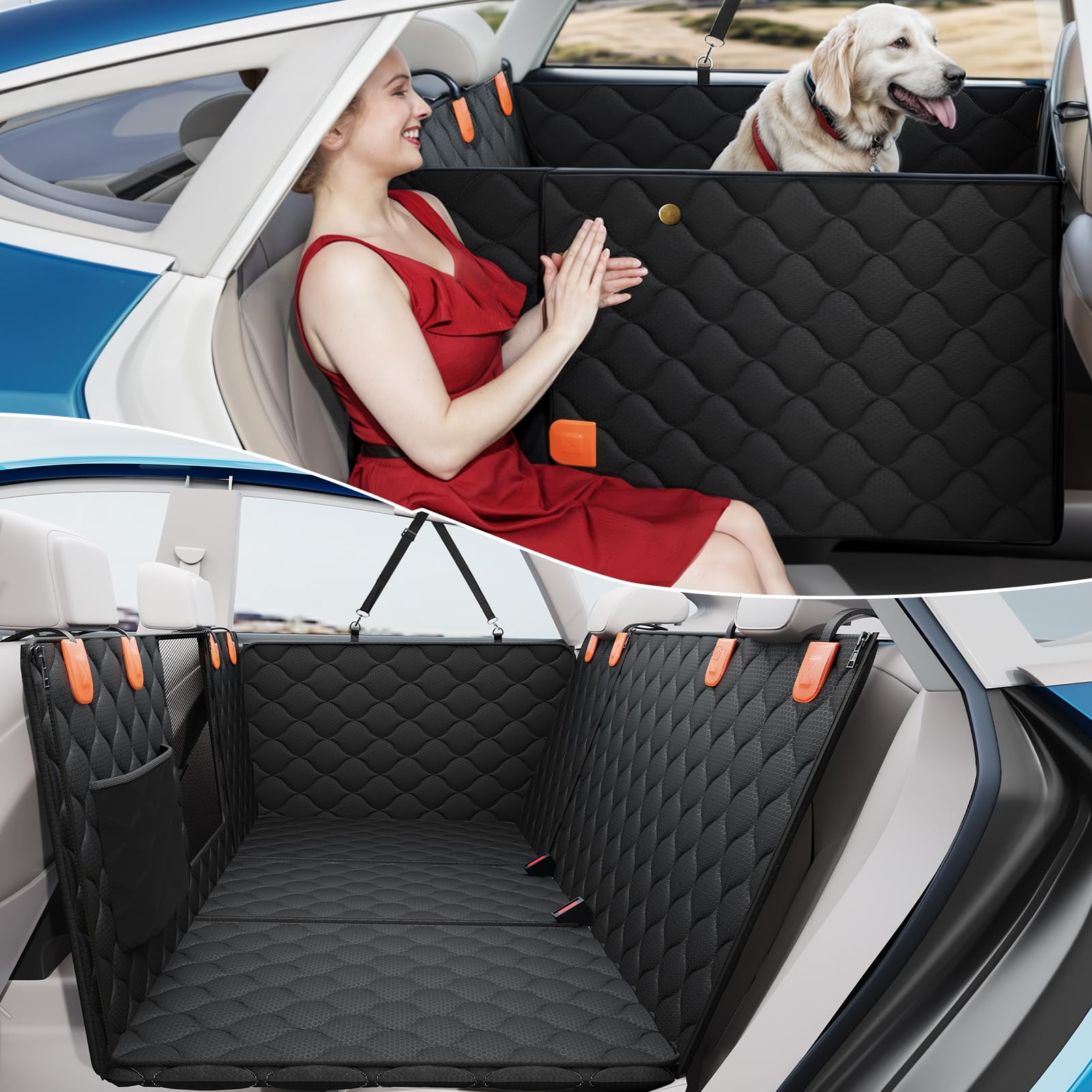 PETICON convertible back-seat extender provides extra space for dogs during car trips.