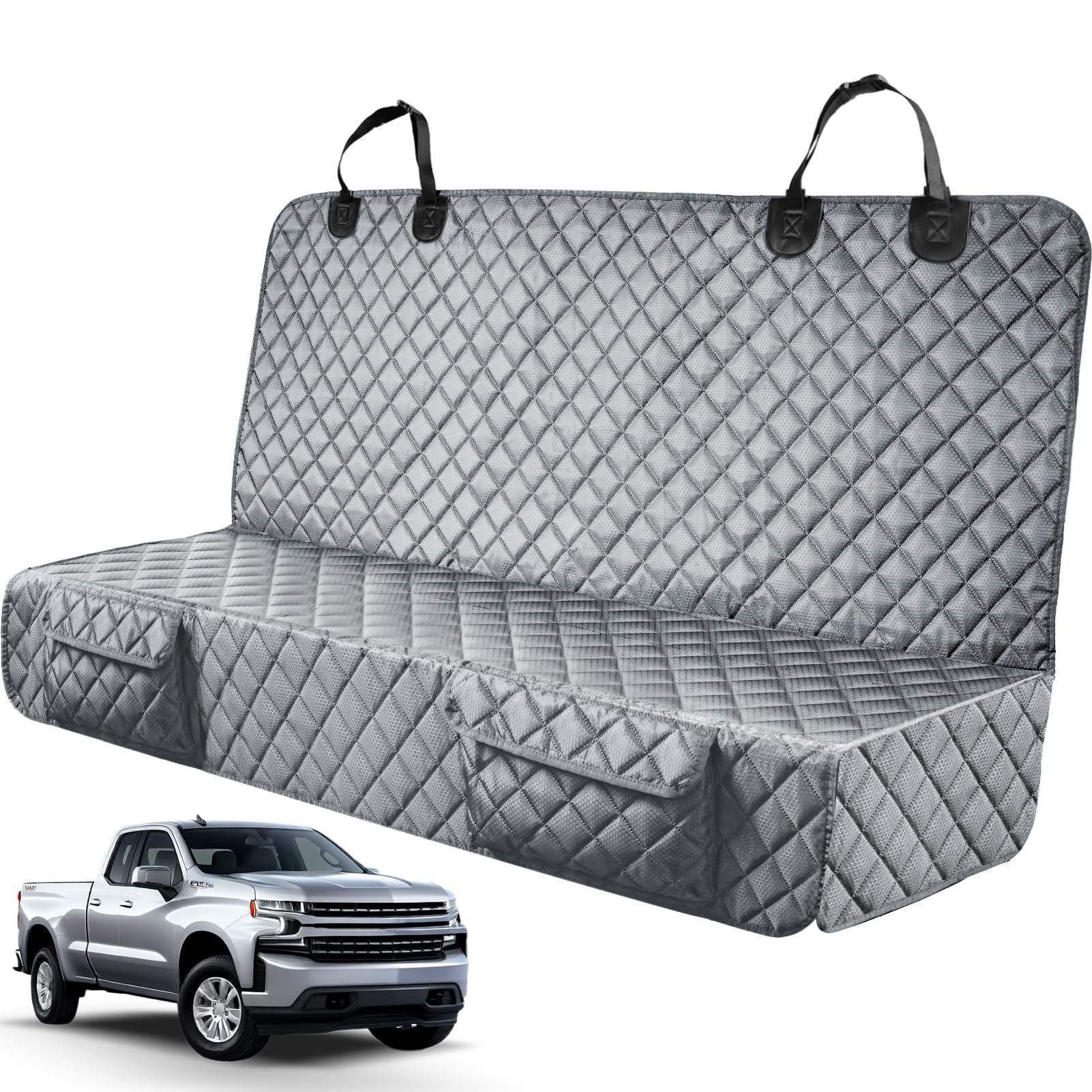 PETICON dog car seat cover shows 60x50 truck fit for Ford, Ram, Silverado.