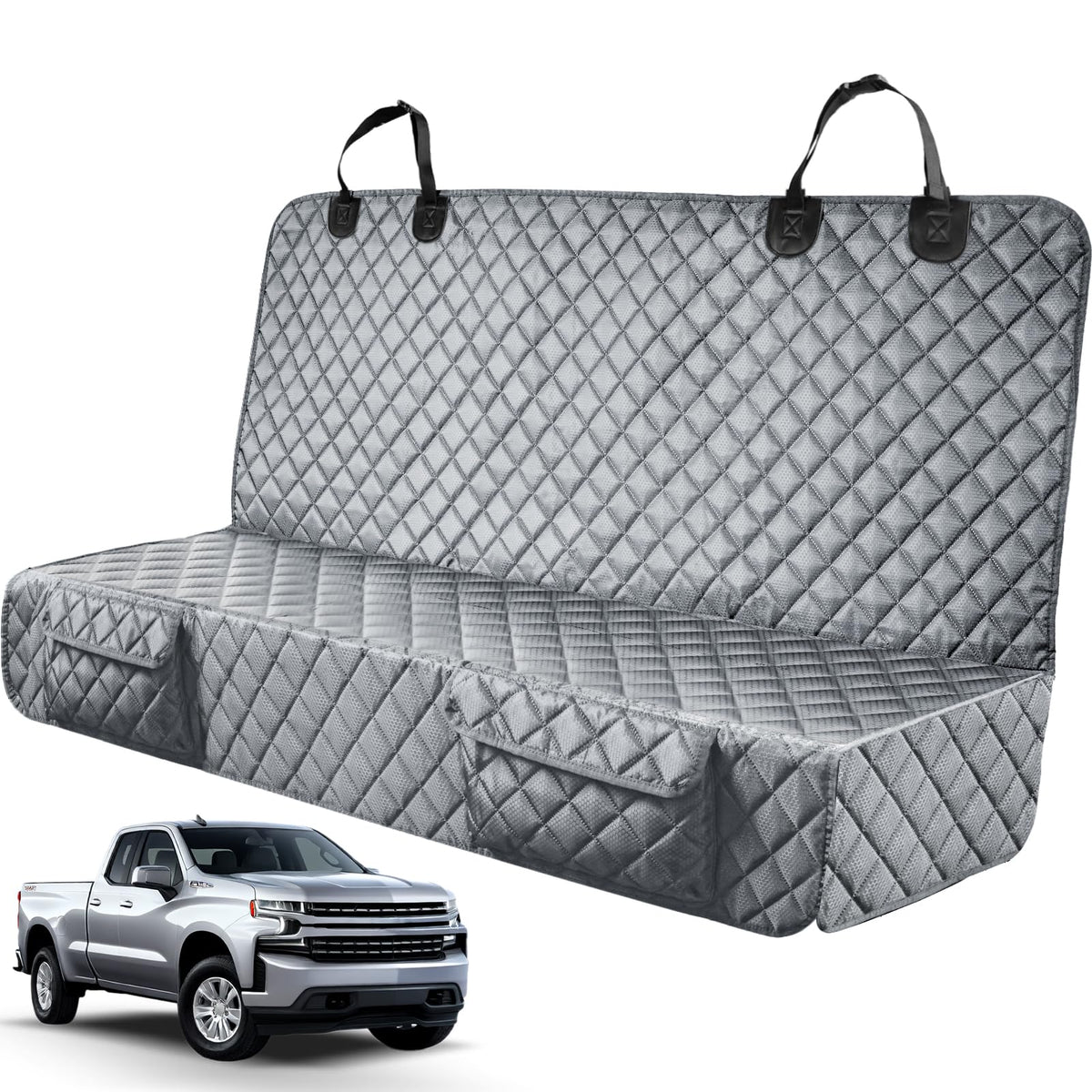 PETICON dog car seat cover shows 60x50 truck fit for Ford, Ram, Silverado.
