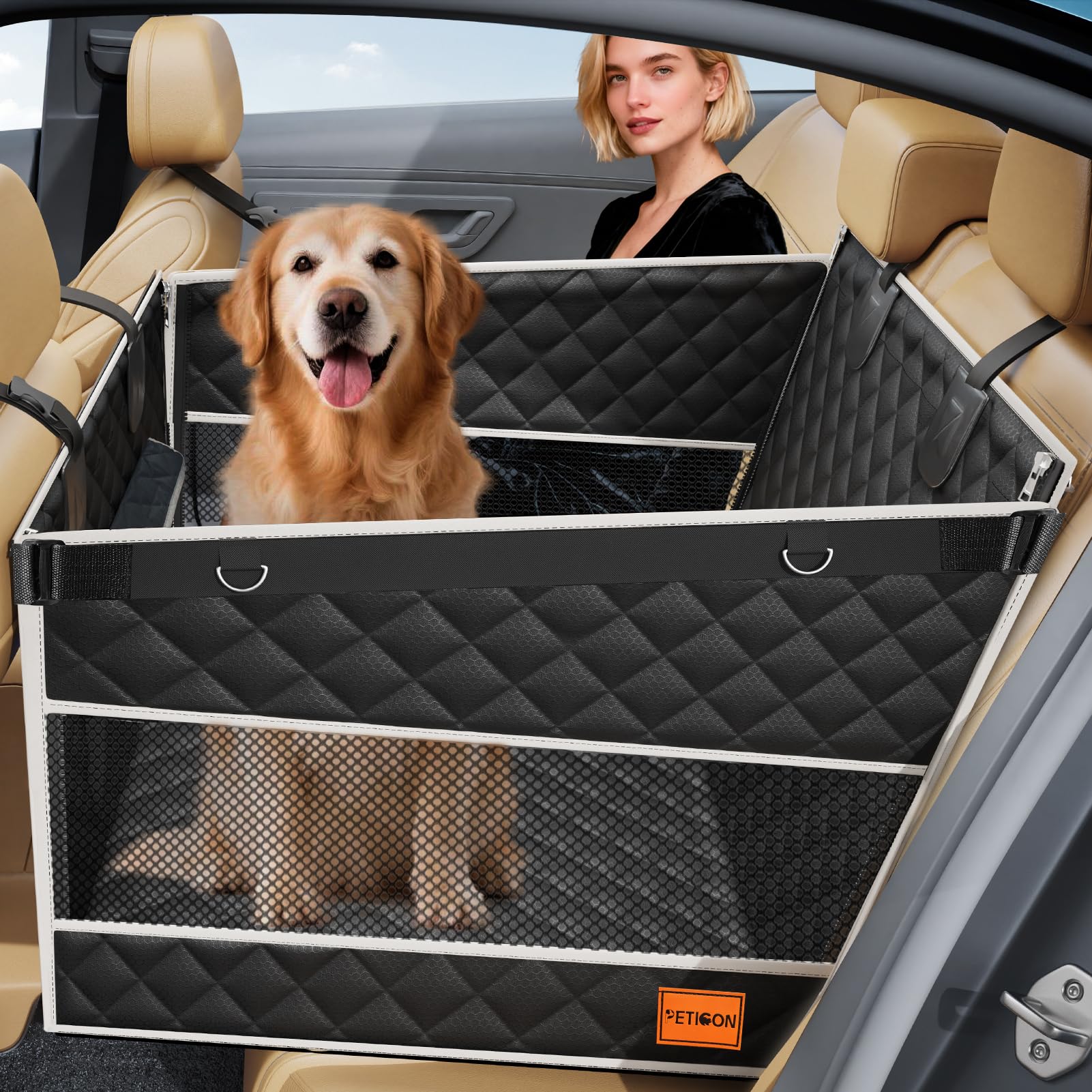 PETICON dog car seat one-piece bottom provides stable, sag-free support for larger dogs.