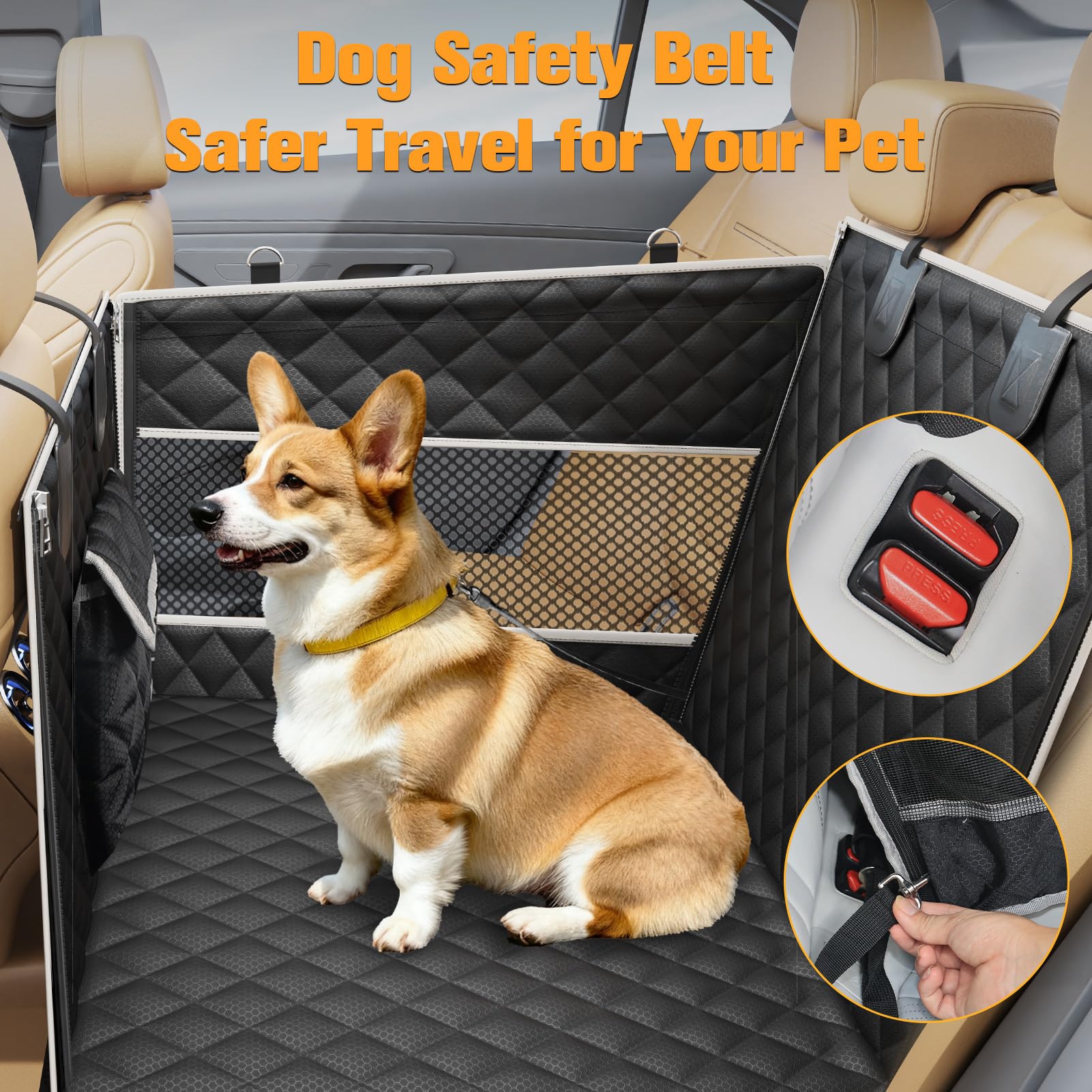 PETICON dog car seat seam-sealed construction guards against leaks and spills.