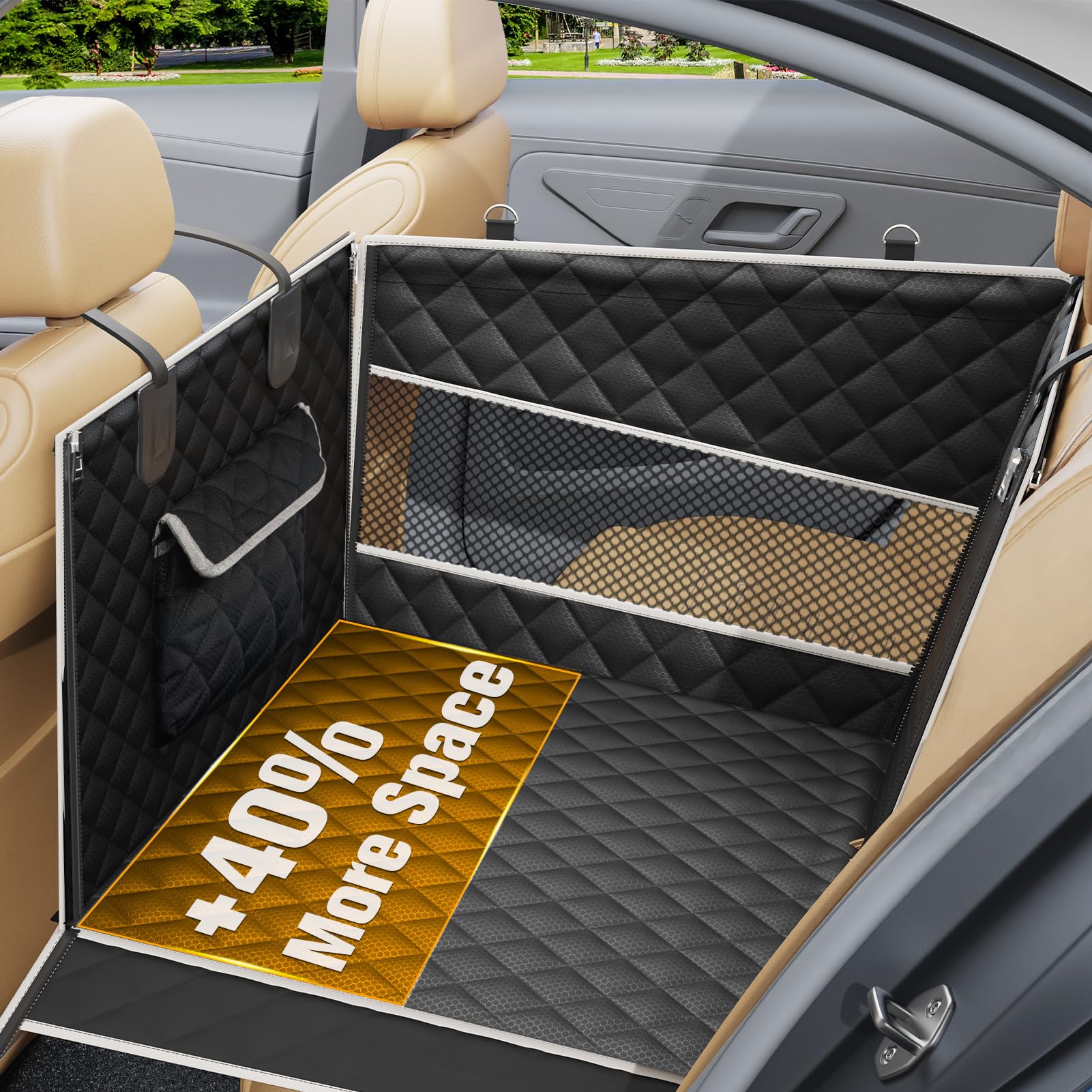 PETICON dog car seat storage pocket keeps toys and treats within reach.