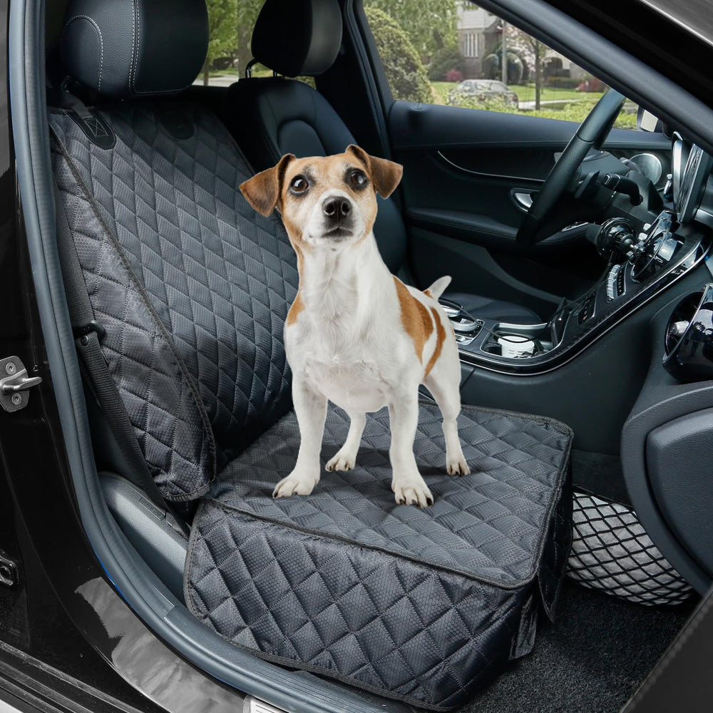 PETICON front seat cover with storage pocket for leashes and toys.