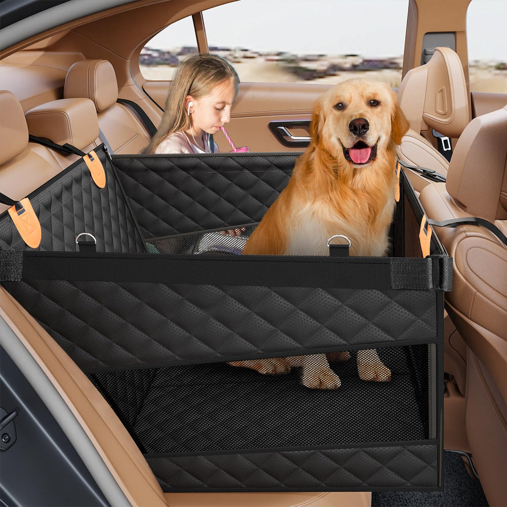 PETICON large dog car seat back view highlights extended space for pets and passengers
