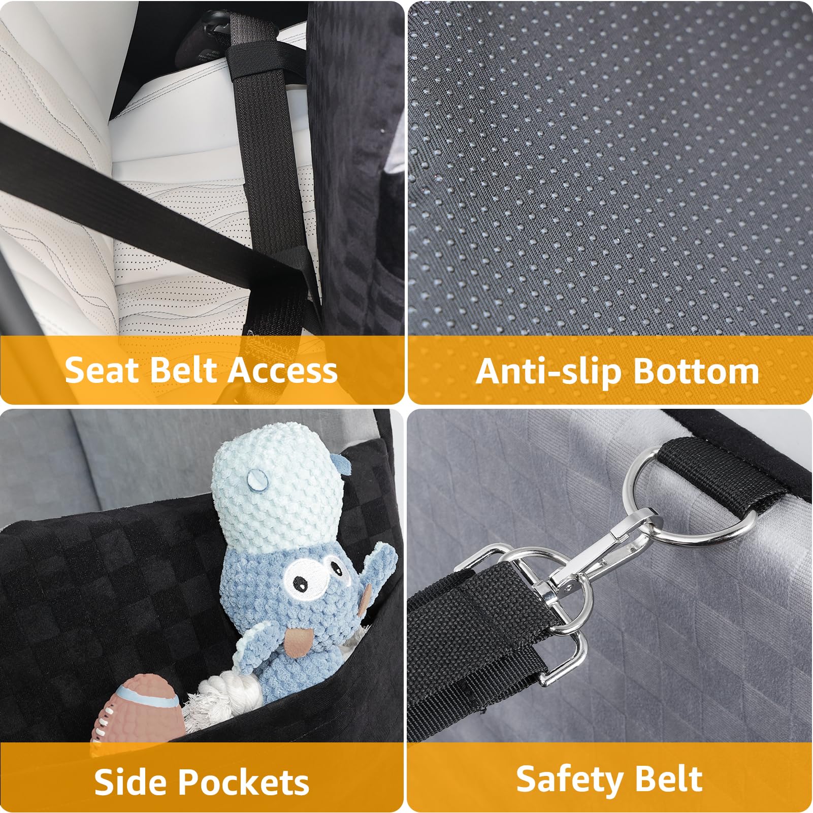 PETICON non-slip base with seatbelt guides anchors the seat securely in vehicles.