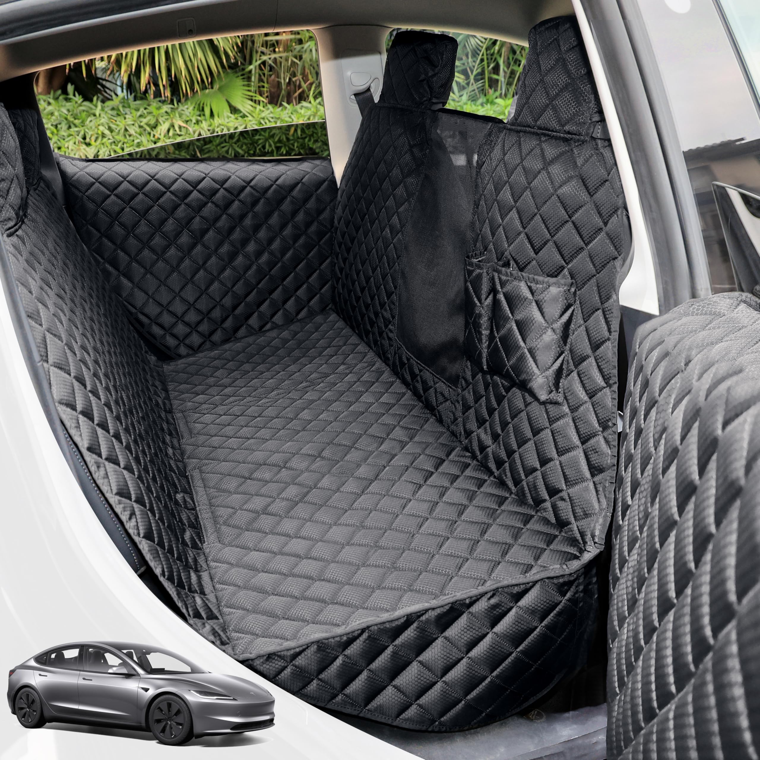 PETICON rear-seat cover on Tesla Model 3 protects interior and reduces fur.