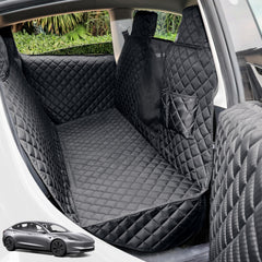PETICON rear-seat cover on Tesla Model 3 protects interior and reduces fur.