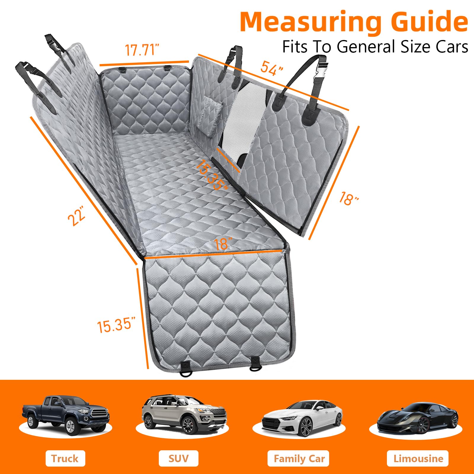 PETICON car seat cover with durable side flaps protects doors and contains the dog.