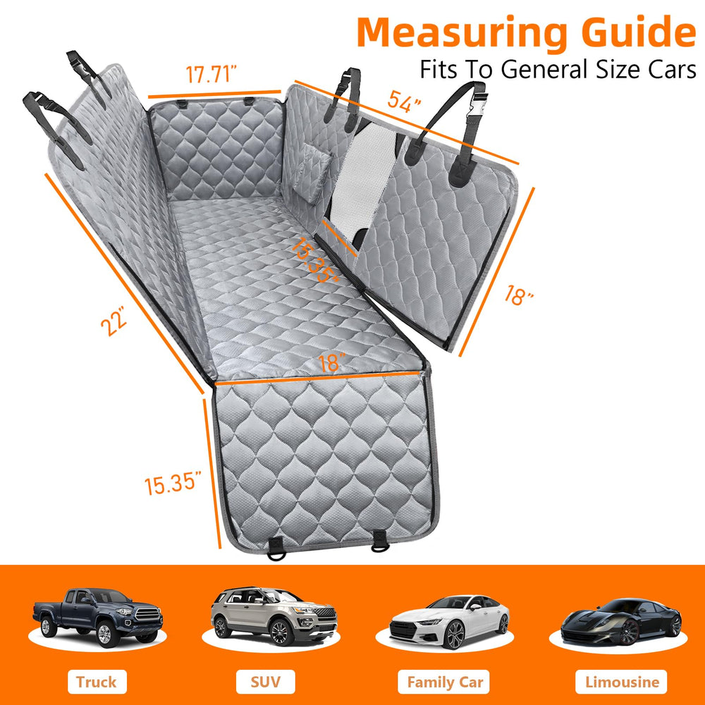 PETICON car seat cover with durable side flaps protects doors and contains the dog.