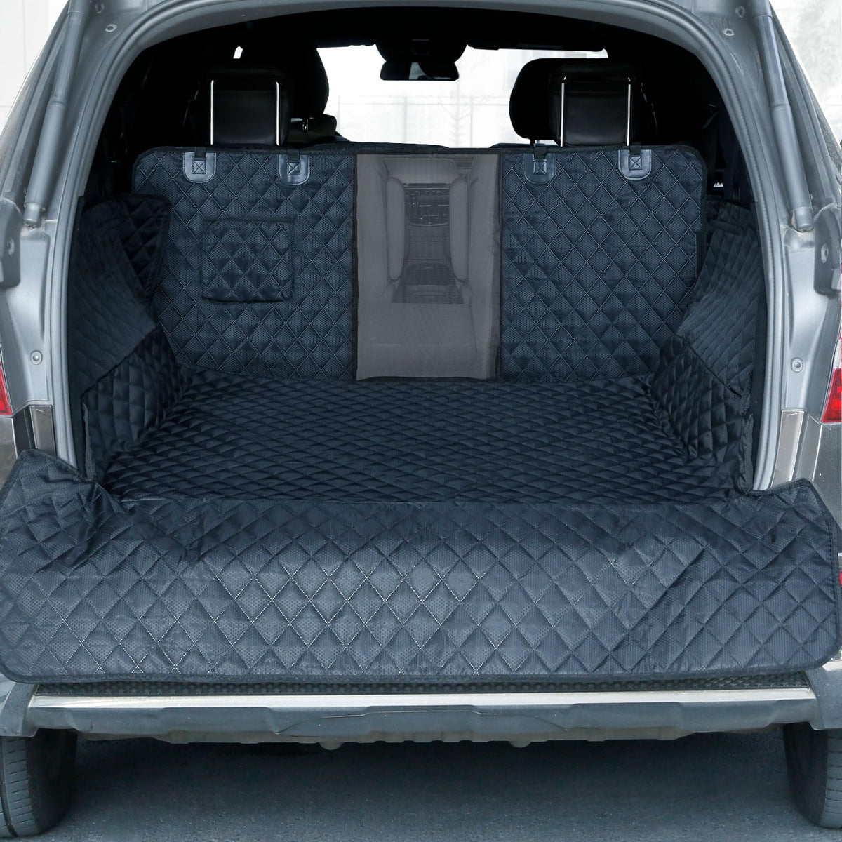 PETICON SUV Cargo Liner with mesh window improves airflow and dog visibility during trips.
