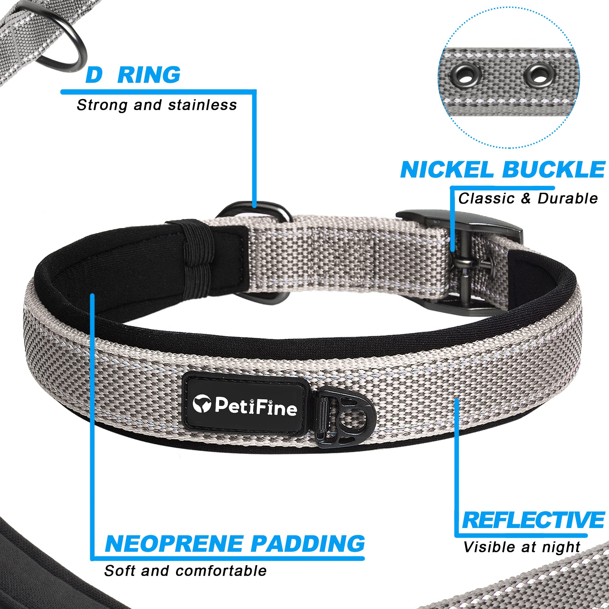 PetiFine collar features 360° reflective stitching for safer early morning jogs.