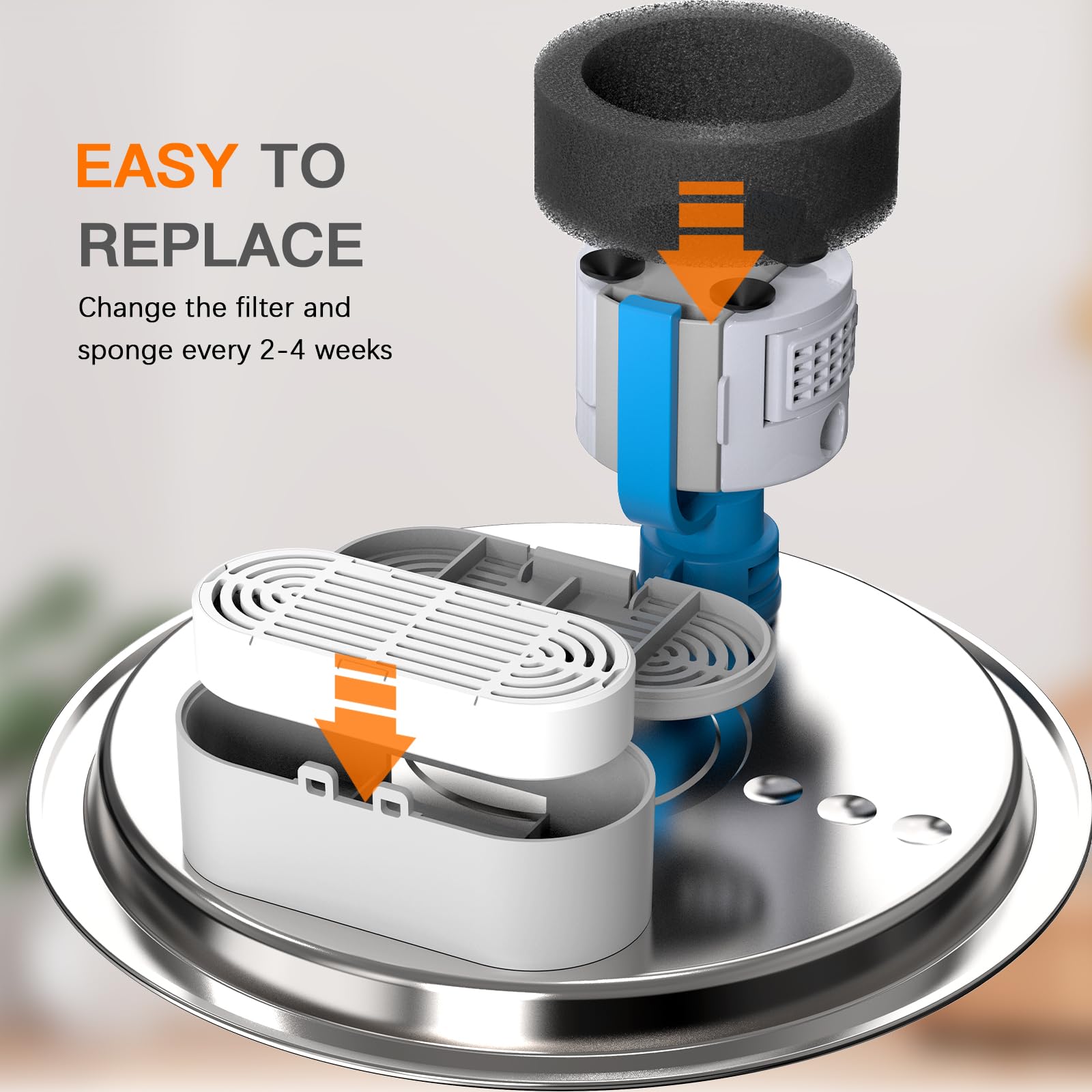 Petilog cat fountain with sponges emphasizes hygienic water and odor reduction